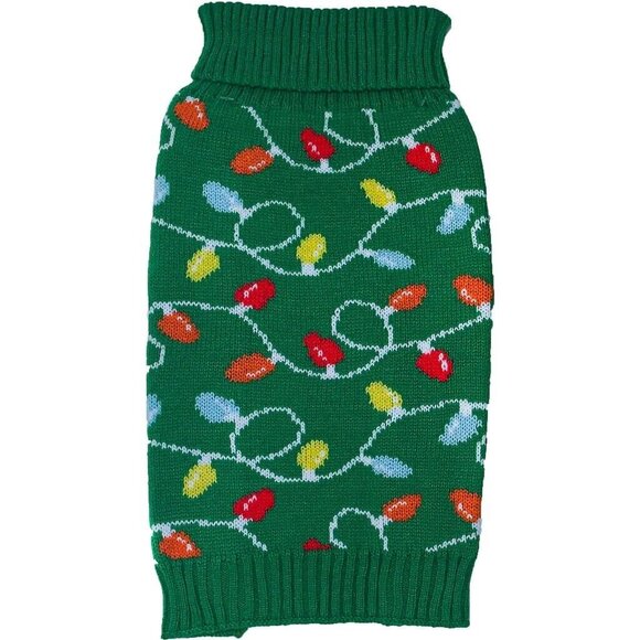Dog Sweater Size Small Woof Holiday Green 13 x 12 Red Blue Orange yellow Lights - Picture 3 of 3